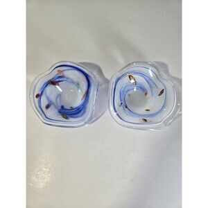 Pair Italian Murano Style Art Glass Bowls Murrine Blue Swirl Made Italy *EUC